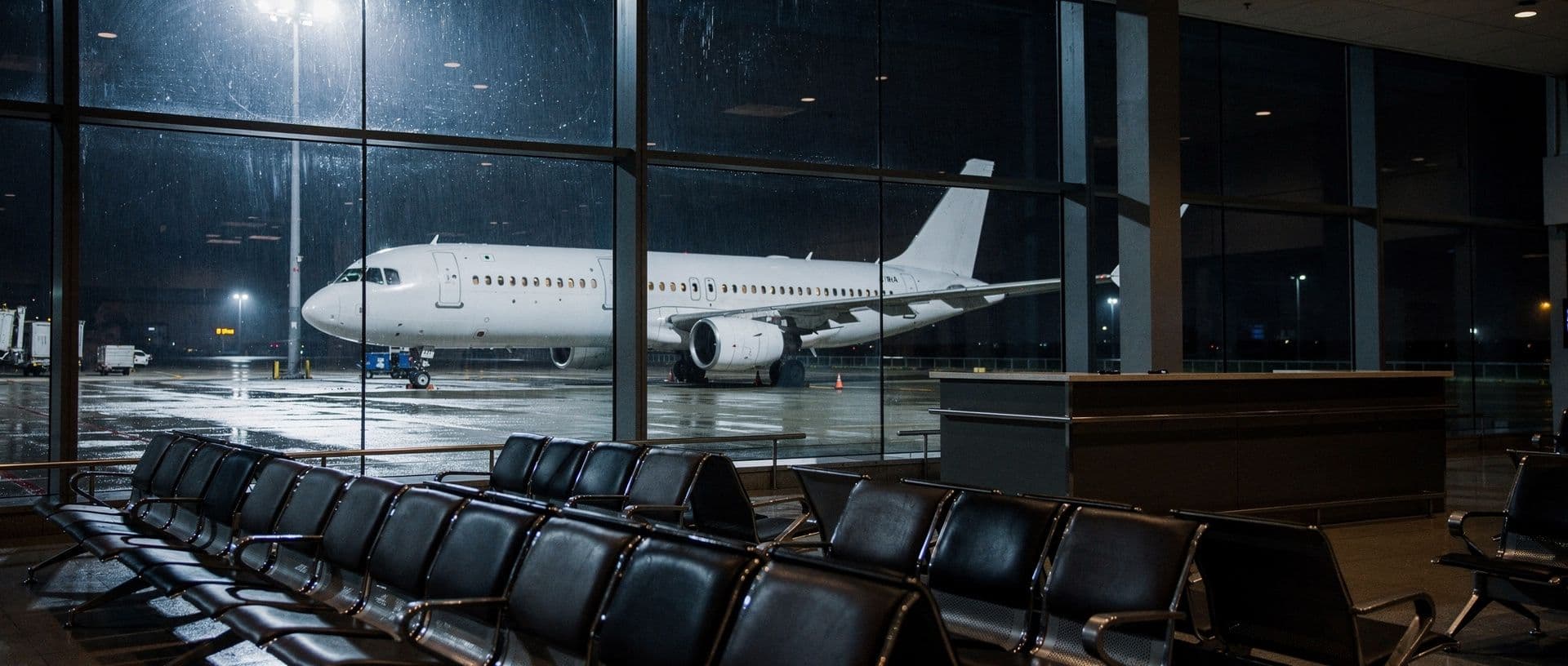A departure gate at night after everyone has gone: rows of empty seats, an unstaffed desk, and the aircraft still parked beyond the glass.